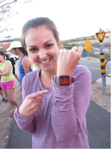 Stephanie with her new GPS watch at a TRP group run