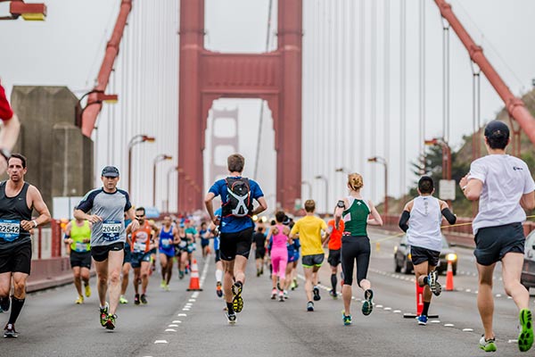 Runners cross the Golden Gate Bridge at The Biofreeze San Francisco Marathon