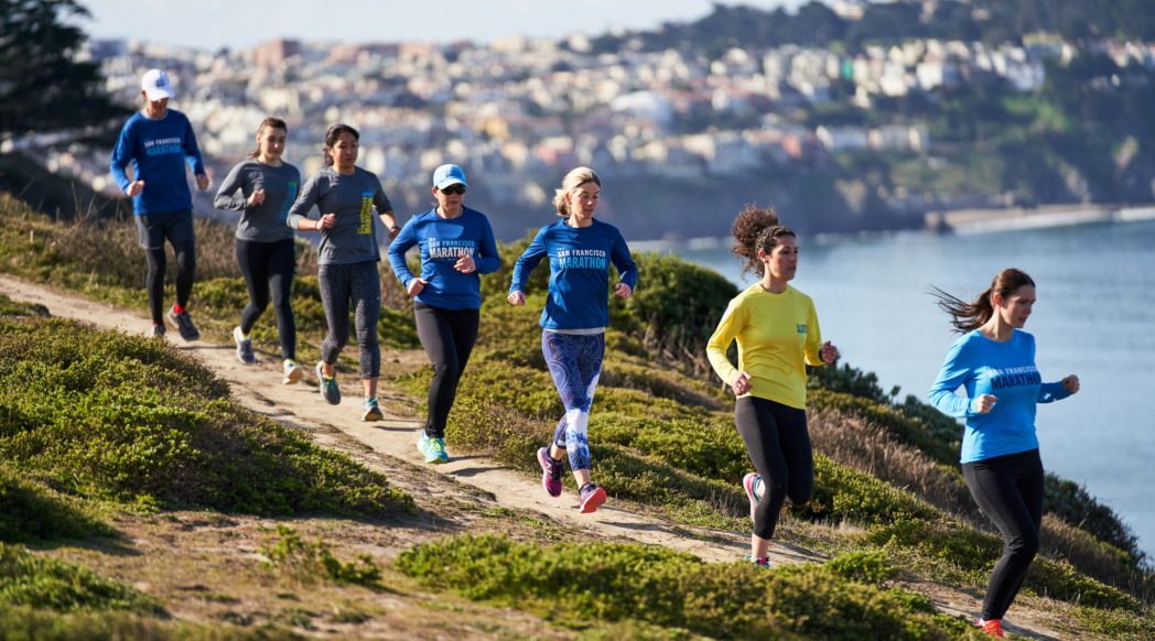 A group of people trail running