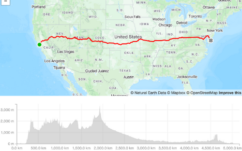 Map showing travel of Mike Wardian on US cross country run and elevation of route