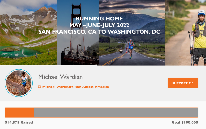 Screenshot of Michael Wardian fundraising page from World Vision showing funds raised with goal of $100,000