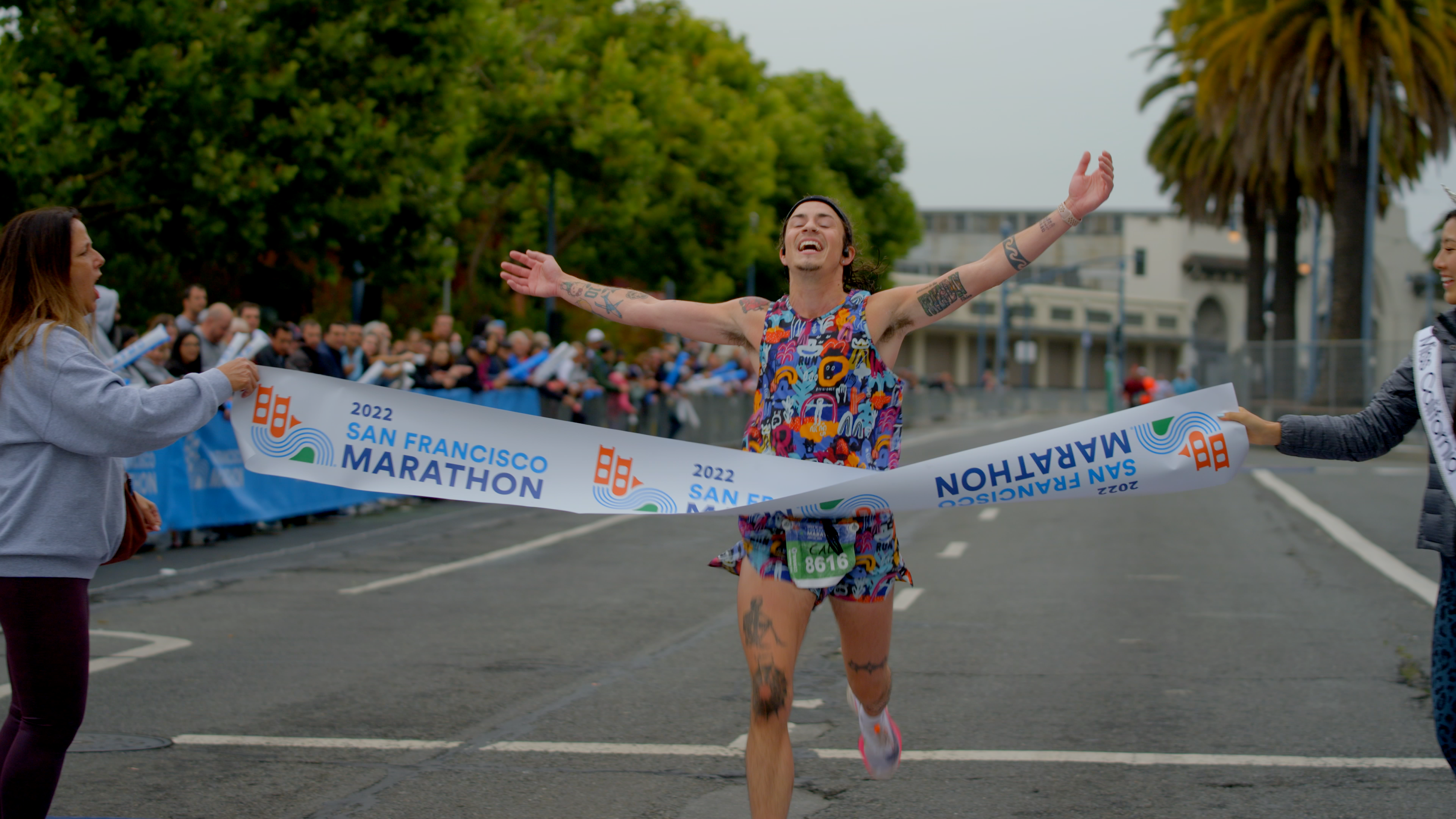 Cal Calamia crosses the finish line at the 2022 San Francisco Marathon