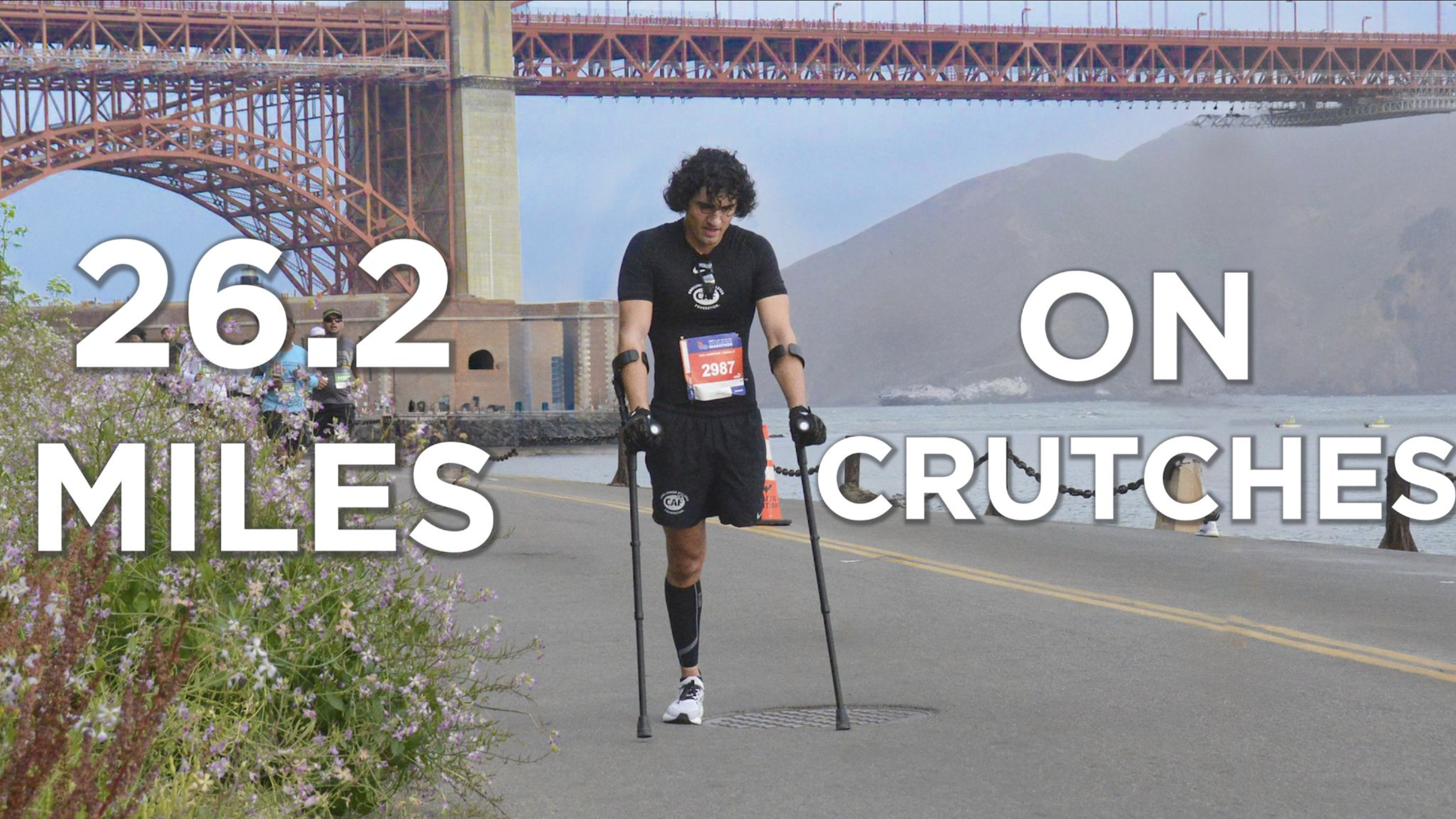 Alex Parra running on crutches during the San Francisco Marathon