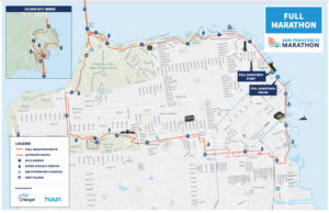 A map of the 2024 San Francisco Marathon course, including Mile 1 and the Embarcadero
