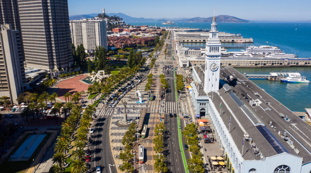 The Embarcadero, San Francisco, aerial view of the Ferry Building, the Embarcadero, and palm trees