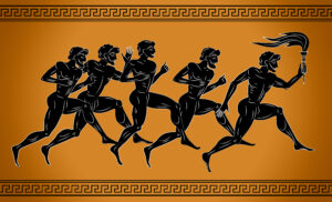 Traditional Greek pottery art with silhouettes of men running