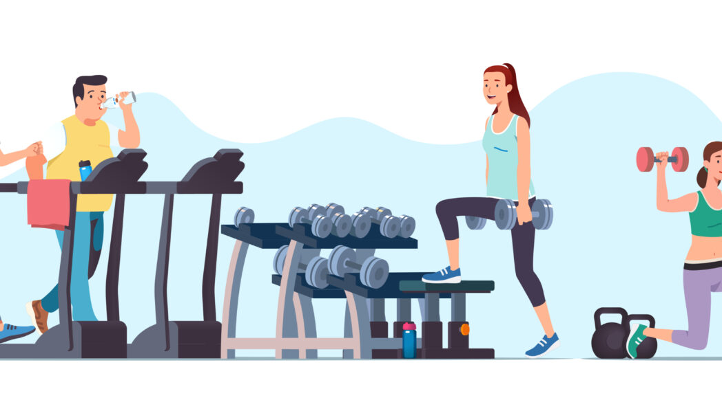 An illustration of people of all backgrounds running on treadmills and doing resistance training and strength training