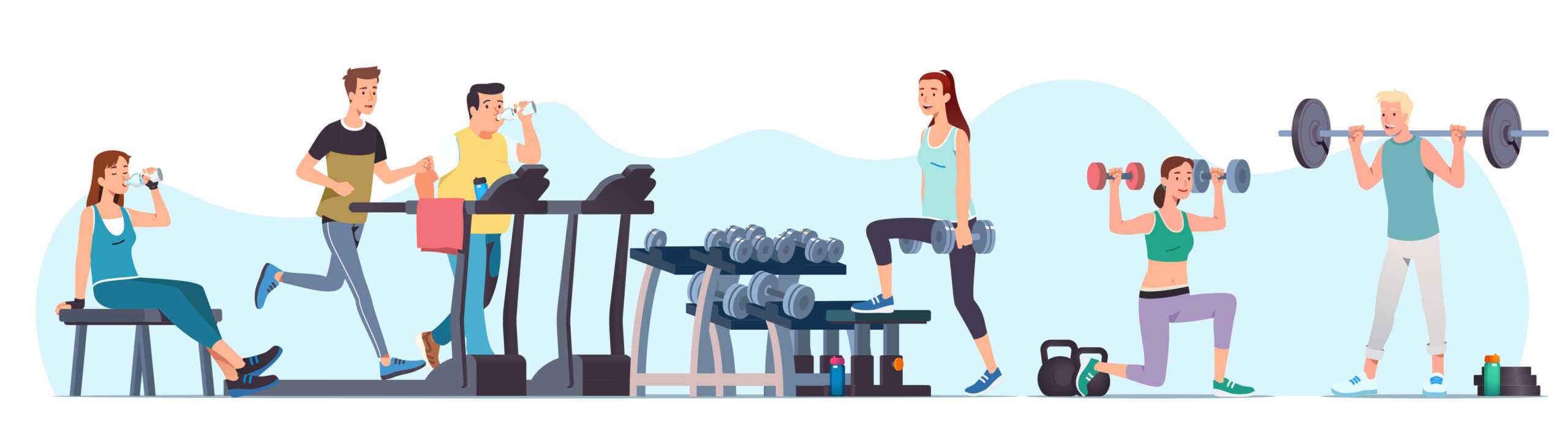 An illustration of people of all backgrounds running on treadmills and doing resistance training and strength training