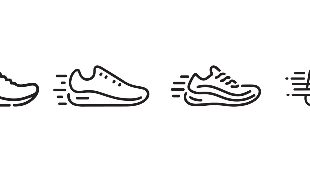 A set of four types of running shoes from minimalist shoes to maximalist shoes, simple drawings