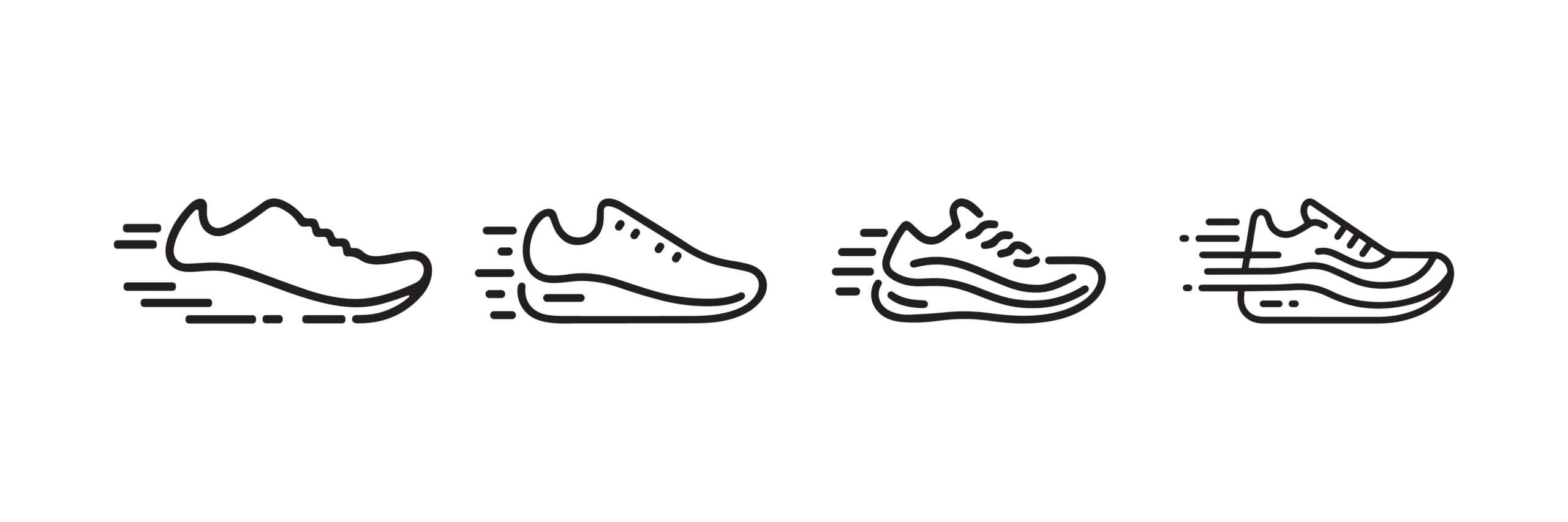 A set of four types of running shoes from minimalist shoes to maximalist shoes, simple drawings