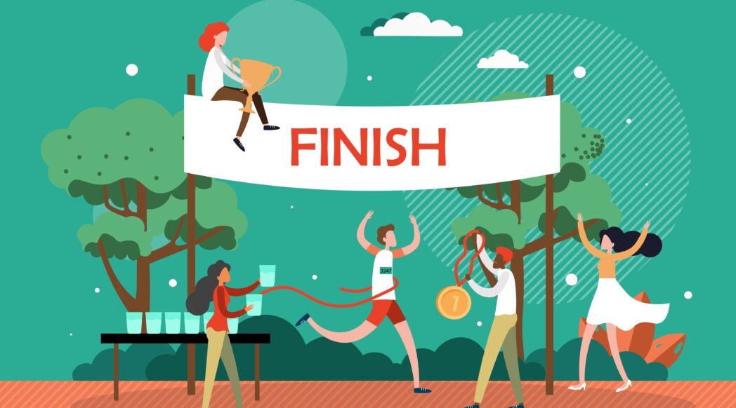 A doodle image of a runner running under the finish sign, beginning their post-race marathon recovery journey. A few people cheer her on as she finishes her race.