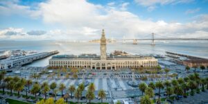 A front, wide-shot, aerial view of the ferry building