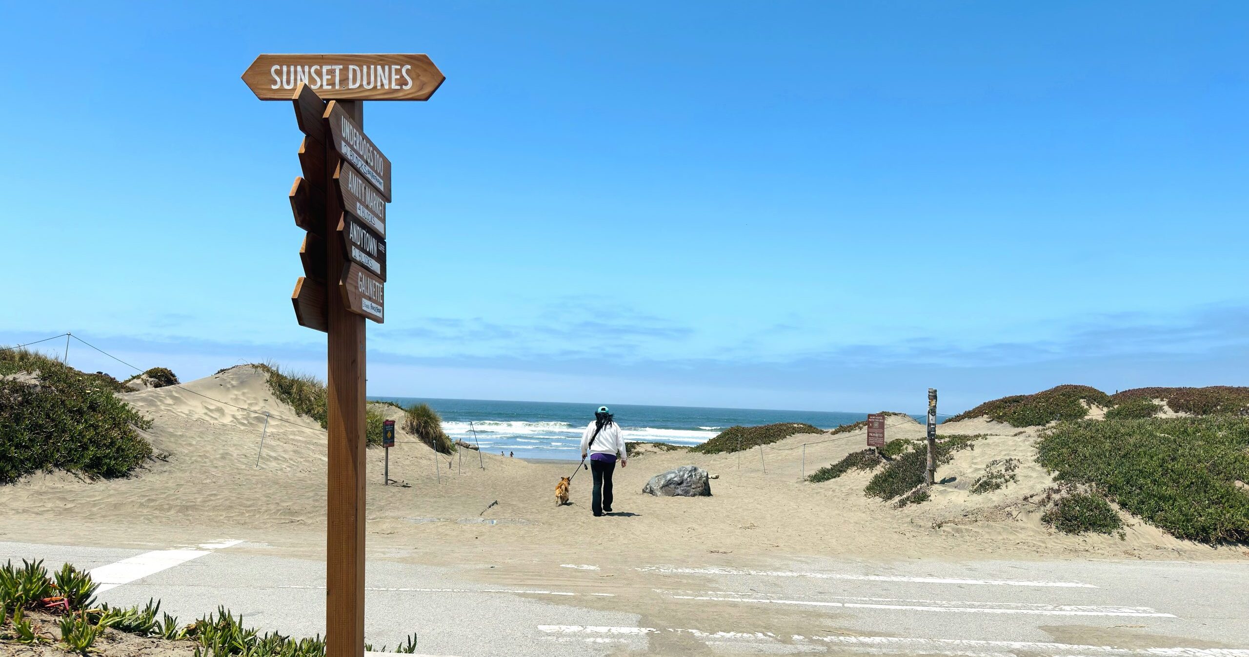 A view of Sunset Dunes with the Pacific ocean in the background and a sign pointing toward the park in the foreground