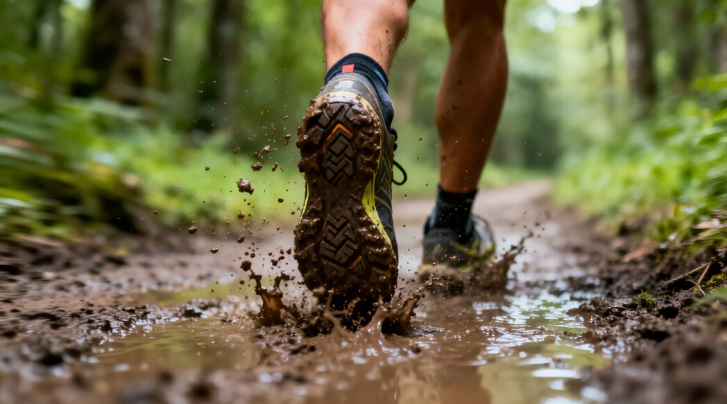 A close-up on a running shoe as the runner runs through mud, prompting him to wash his running shoes