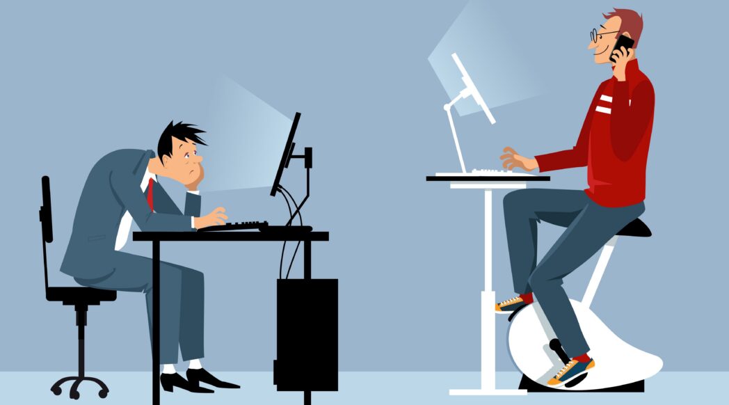 A vector image of two men, one is unhappy sitting at a work desk in a normal chair and the other is happy doing exercise on a stationary bike while working