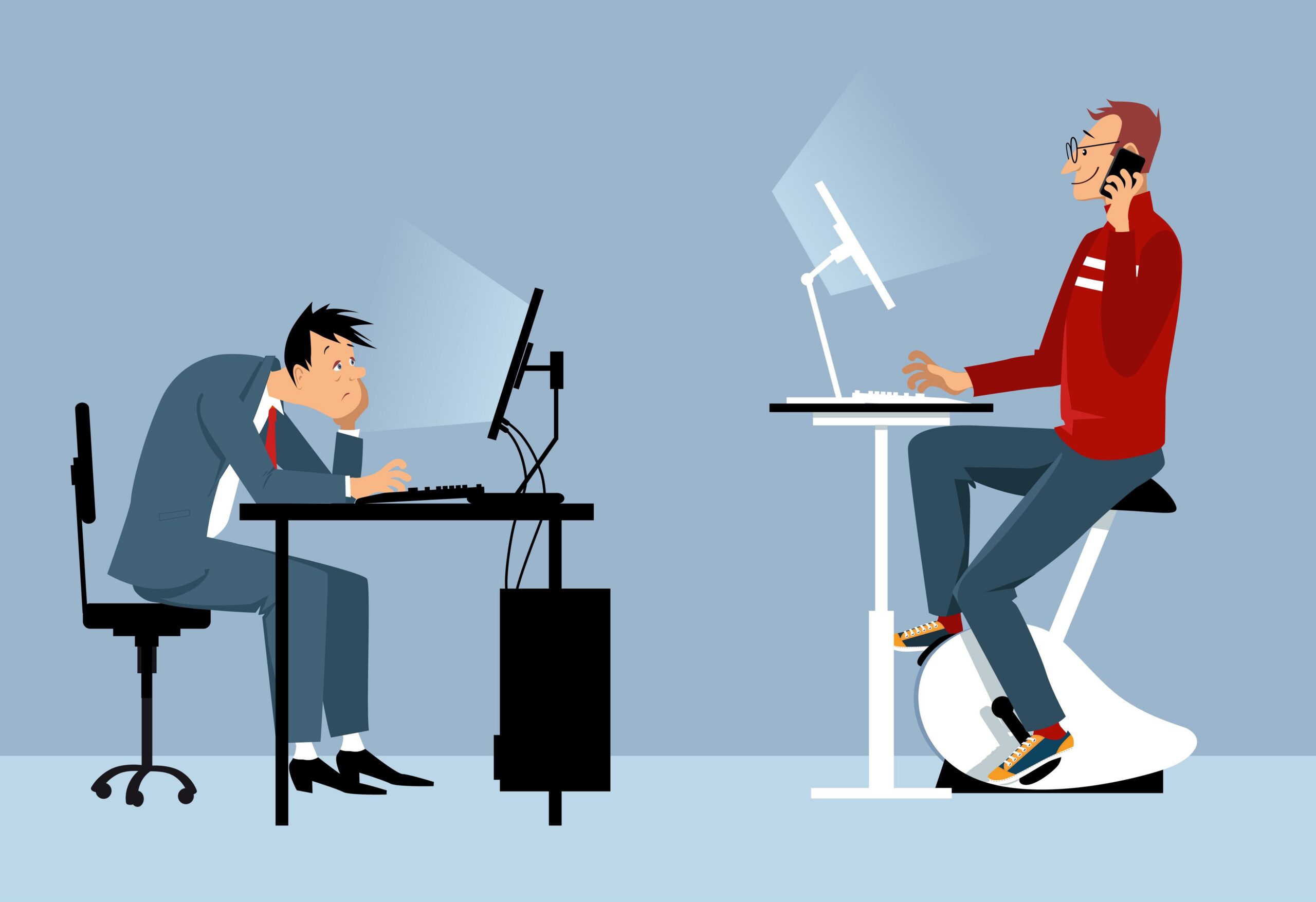 A vector image of two men, one is unhappy sitting at a work desk in a normal chair and the other is happy doing exercise on a stationary bike while working