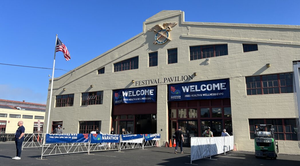 Fort Mason festival pavilion where the SFM expo takes place, decked out in SFM banners