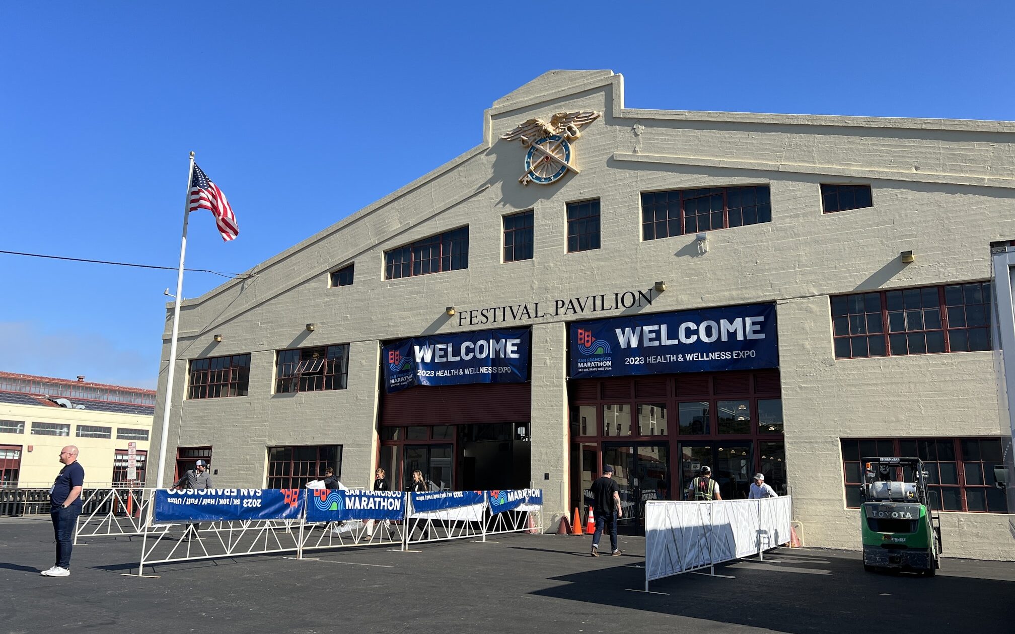 Fort Mason festival pavilion where the SFM expo takes place, decked out in SFM banners