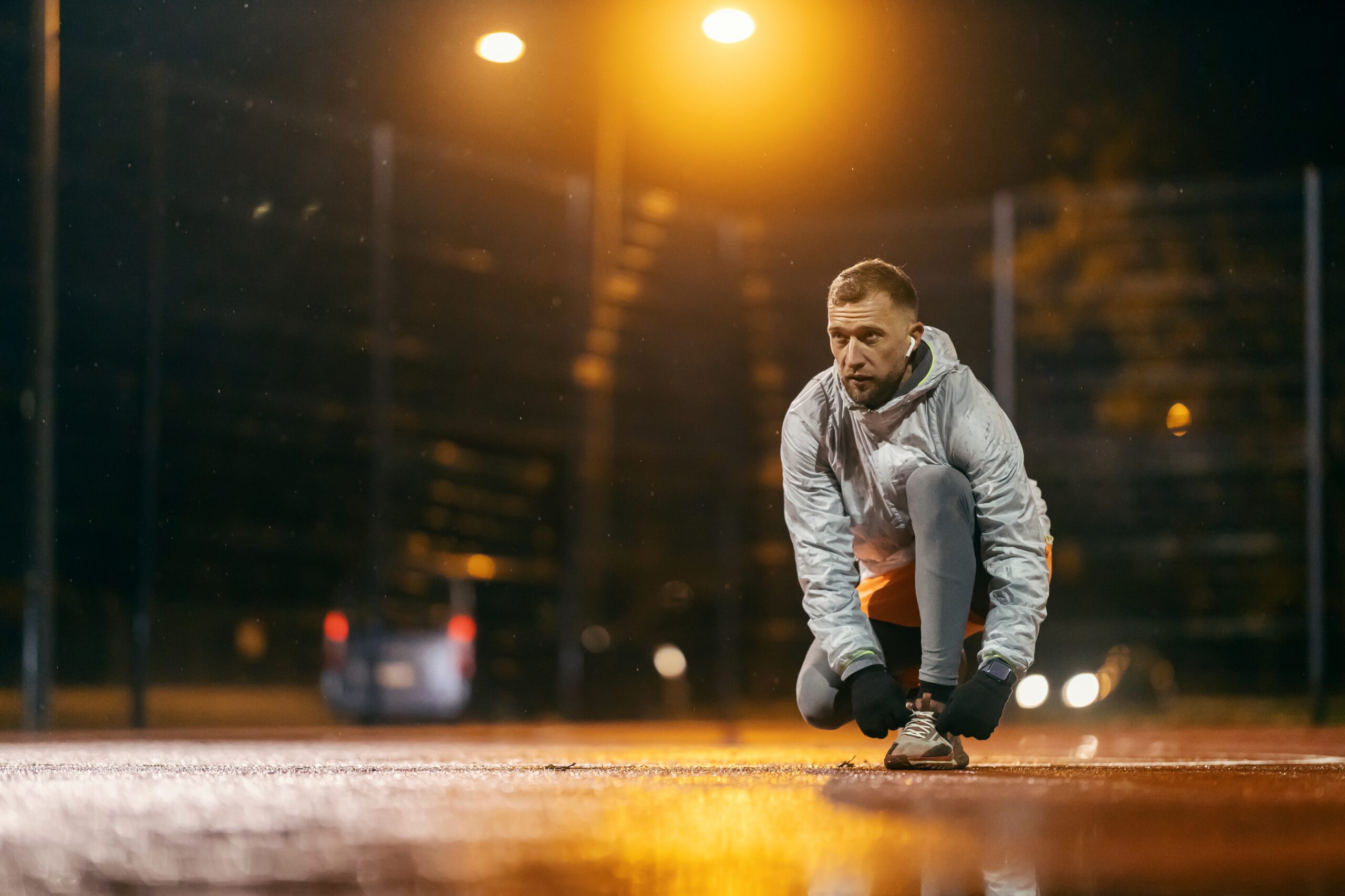 A man is getting to run in the dark on a well-lit empty street, tying his shoes.